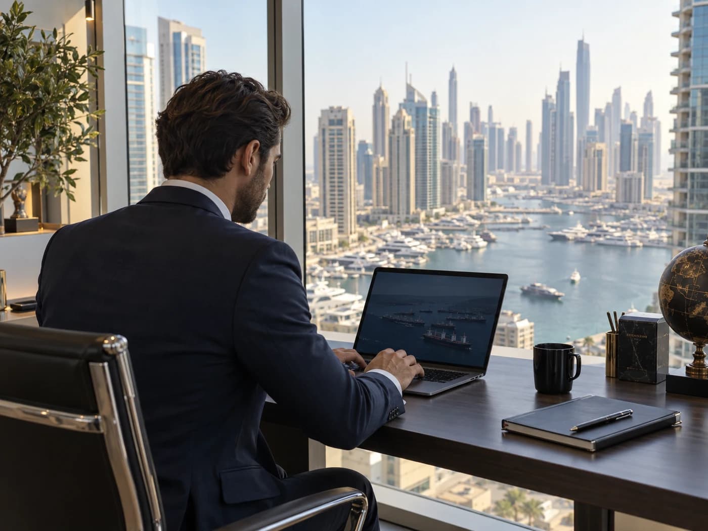 Handelsprofi, der in einem Büro mit Blick auf Dubai arbeitet