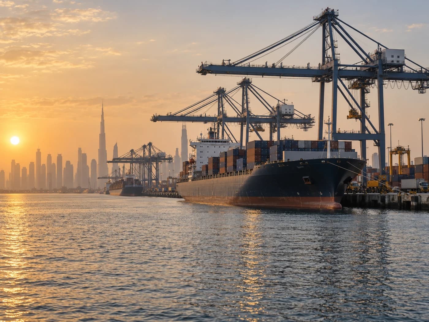 Handelsschiff und Kräne in einem internationalen Hafen