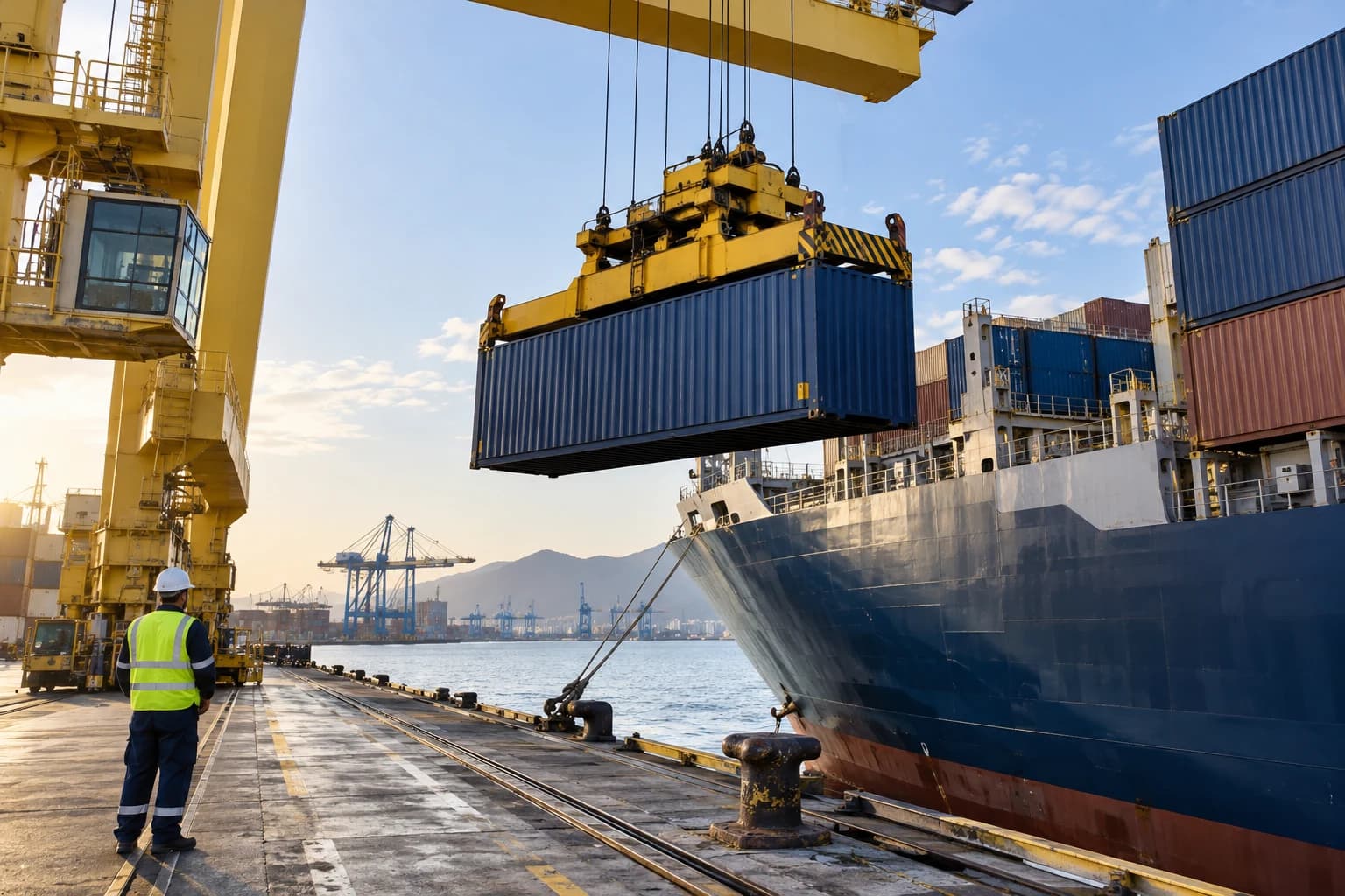 Ein modernes Containerschiff auf ruhigem Meer bei Sonnenuntergang, links offenes Wasser. Konzeptbild, keine Turco-&-Co-Sendung.