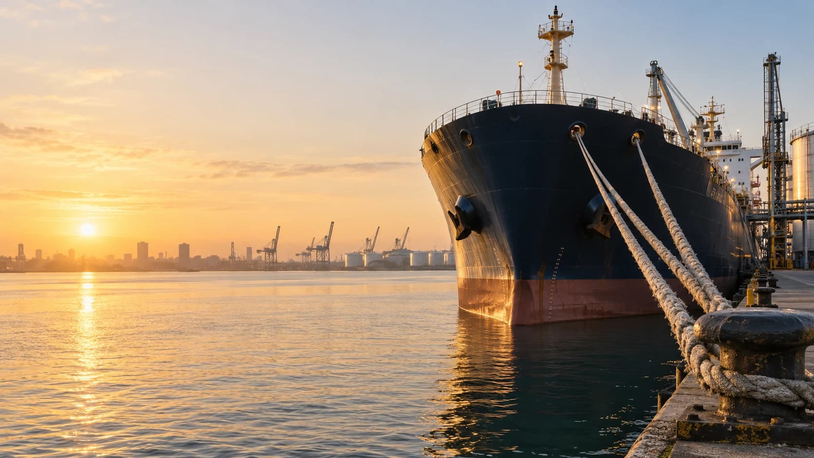 Buque mercante atracado en un puerto al amanecer.