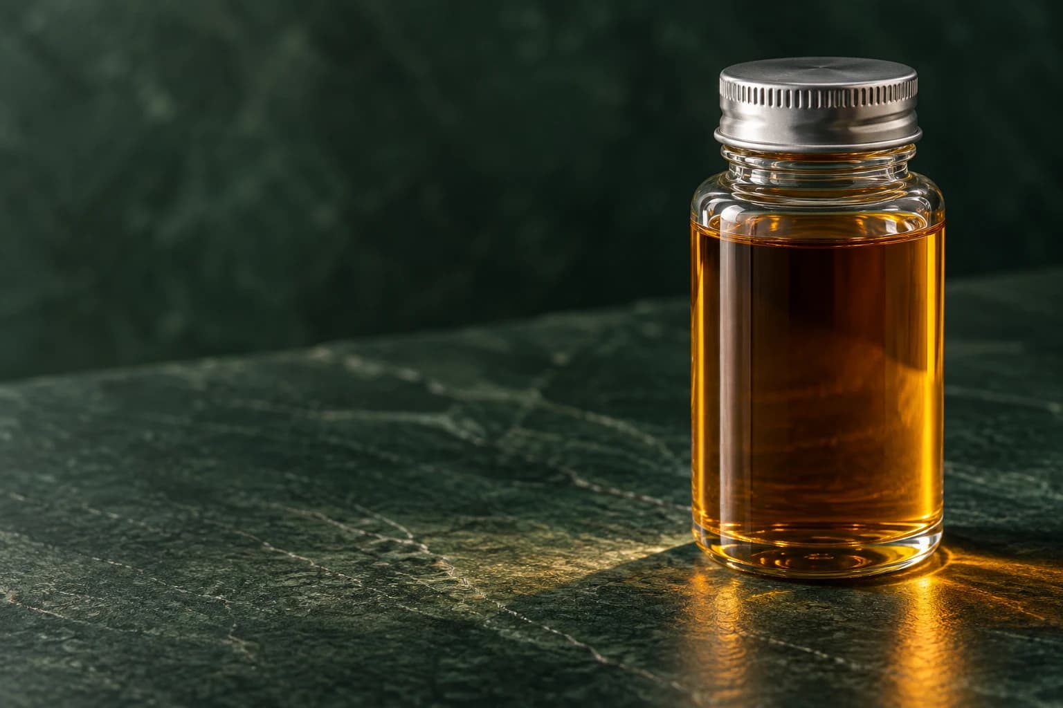 AI concept illustration of an amber oil sample in an unlabelled glass bottle; not an analysed batch