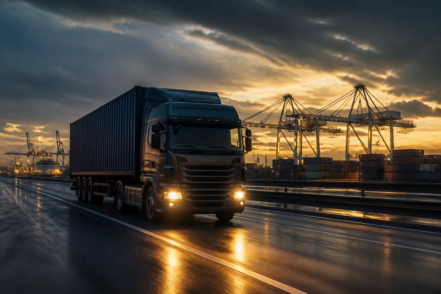 Freight truck transporting goods on an international logistics route