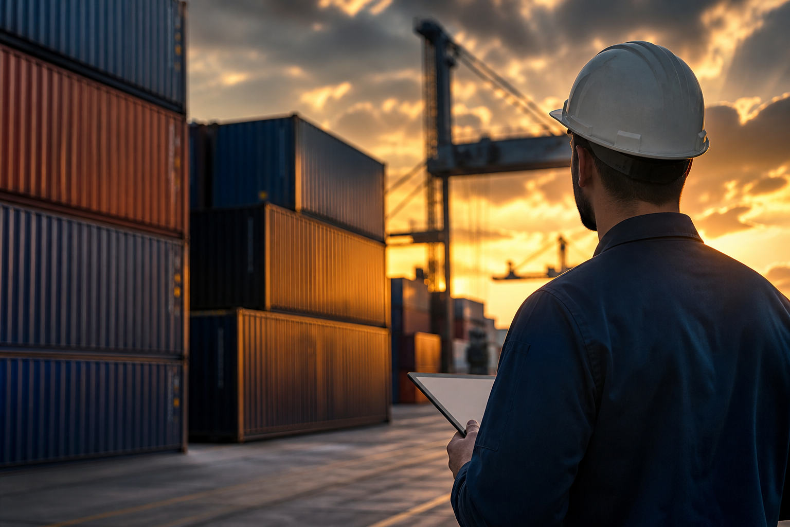 Shipping containers stacked at an international freight terminal