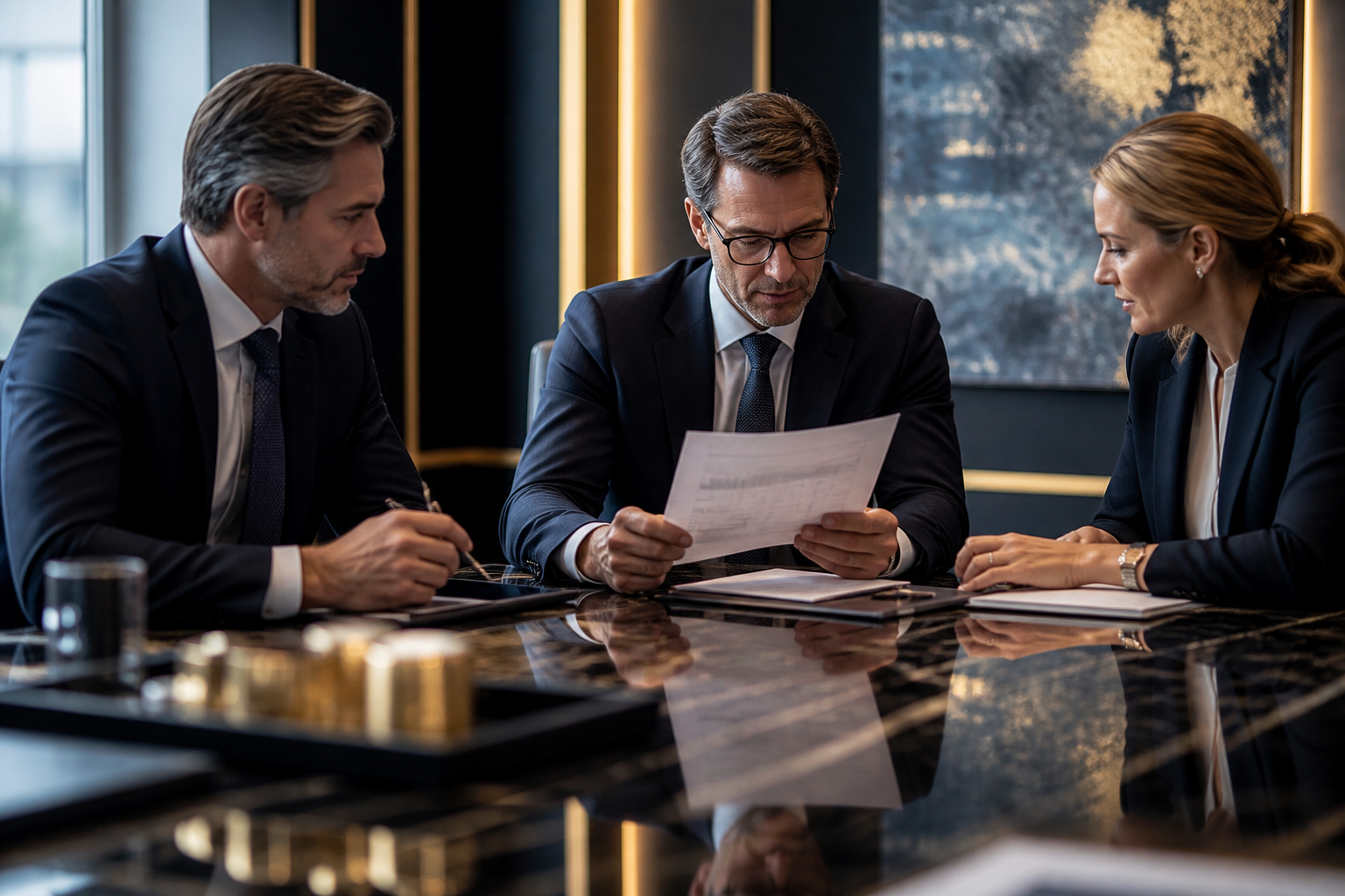 Trade professionals reviewing commercial contracts and pricing terms